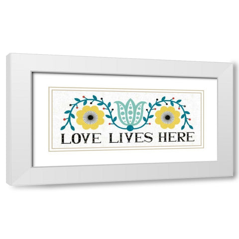 Folk Lodge Love Lives Here V2 Teal White Modern Wood Framed Art Print with Double Matting by Mullan, Michael