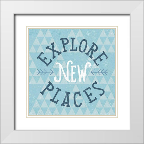 Mod Triangles Explore New Places Blue White Modern Wood Framed Art Print with Double Matting by Mullan, Michael