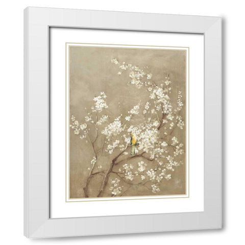 White Cherry Blossom I Neutral Crop Bird White Modern Wood Framed Art Print with Double Matting by Nai, Danhui