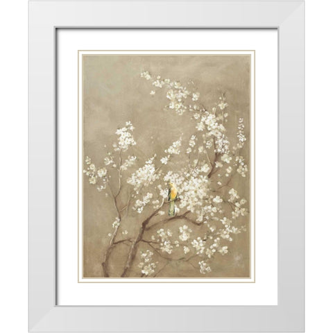 White Cherry Blossom I Neutral Crop Bird White Modern Wood Framed Art Print with Double Matting by Nai, Danhui