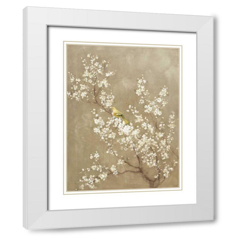 White Cherry Blossom II Neutral Crop Bird White Modern Wood Framed Art Print with Double Matting by Nai, Danhui