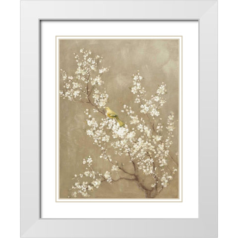 White Cherry Blossom II Neutral Crop Bird White Modern Wood Framed Art Print with Double Matting by Nai, Danhui