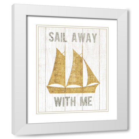 Beachscape V Boat Quote Gold Neutral White Modern Wood Framed Art Print with Double Matting by Mullan, Michael