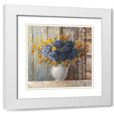 Fall Dahlia Bouquet Crop Blue White Modern Wood Framed Art Print with Double Matting by Nai, Danhui