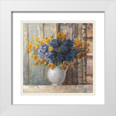 Fall Dahlia Bouquet Crop Blue White Modern Wood Framed Art Print with Double Matting by Nai, Danhui