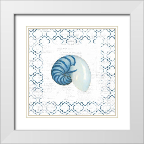 Navy Nautilus Shell on Newsprint White Modern Wood Framed Art Print with Double Matting by Adams, Emily