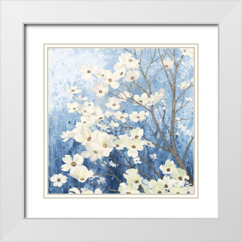 Dogwood Blossoms I Indigo White Modern Wood Framed Art Print with Double Matting by Wiens, James