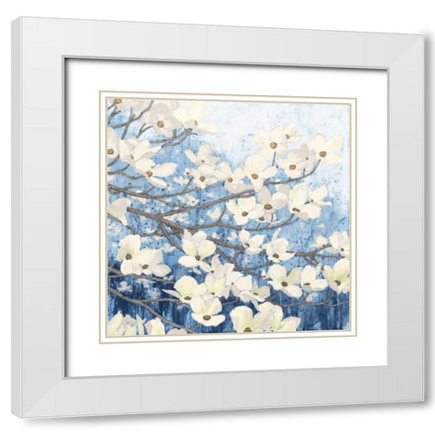 Dogwood Blossoms II Indigo White Modern Wood Framed Art Print with Double Matting by Wiens, James