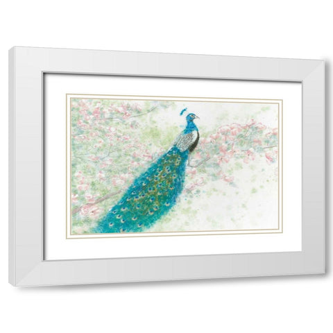 Spring Peacock I Pink Flowers White Modern Wood Framed Art Print with Double Matting by Wiens, James