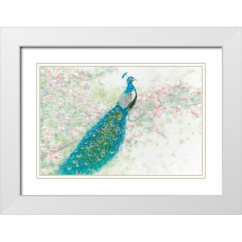 Spring Peacock I Pink Flowers White Modern Wood Framed Art Print with Double Matting by Wiens, James