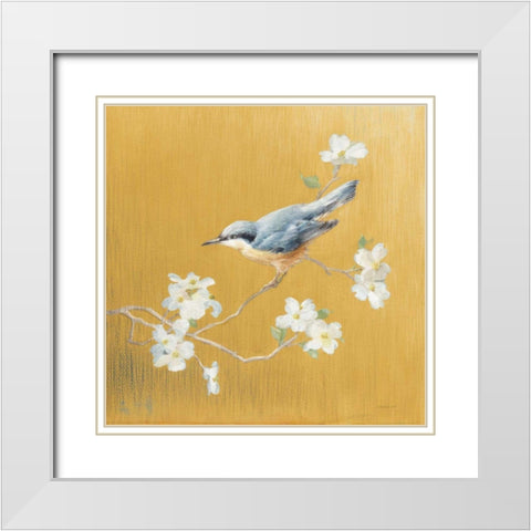 Nuthatch on Gold White Modern Wood Framed Art Print with Double Matting by Nai, Danhui