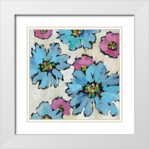 Graphic Pink and Blue Floral II White Modern Wood Framed Art Print with Double Matting by Vassileva, Silvia