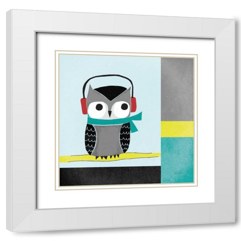 Owls I Blue Gray and Yellow White Modern Wood Framed Art Print with Double Matting by Warrick, Cheryl