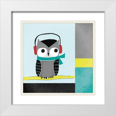Owls I Blue Gray and Yellow White Modern Wood Framed Art Print with Double Matting by Warrick, Cheryl