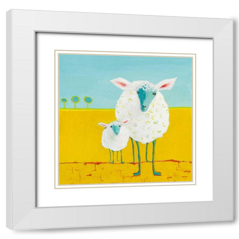 Mama and Baby Sheep White Modern Wood Framed Art Print with Double Matting by Adams, Phyllis