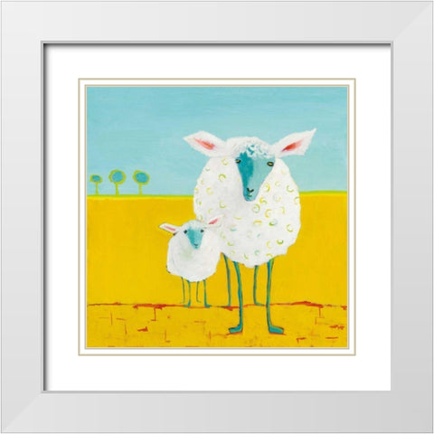 Mama and Baby Sheep White Modern Wood Framed Art Print with Double Matting by Adams, Phyllis