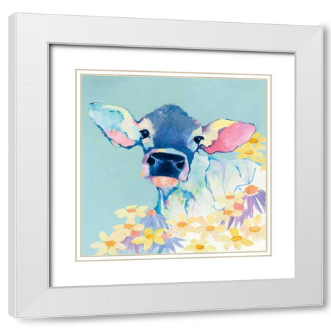 Bessie with Flowers on Teal White Modern Wood Framed Art Print with Double Matting by Tillmon, Avery