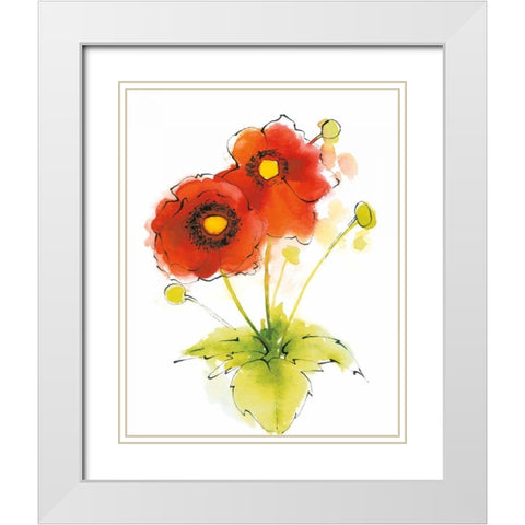 Flores Rojas Green Leaves I White Modern Wood Framed Art Print with Double Matting by Novak, Shirley
