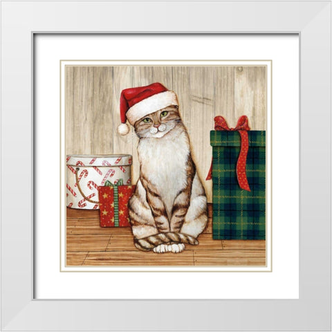 Christmas Kitty on Planked Wood White Modern Wood Framed Art Print with Double Matting by Brown, David Carter