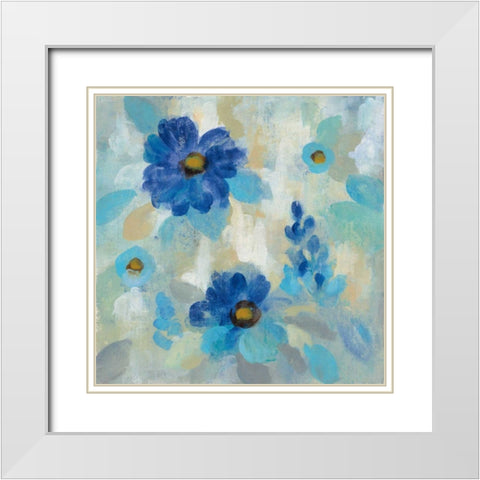 Blue Flowers Whisper II White Modern Wood Framed Art Print with Double Matting by Vassileva, Silvia