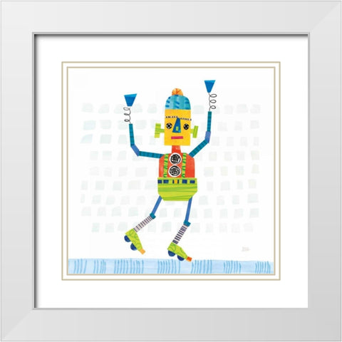 Robot Party I on Squares White Modern Wood Framed Art Print with Double Matting by Averinos, Melissa