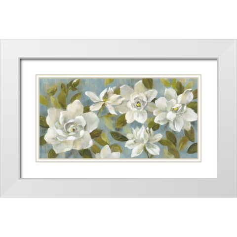 Gardenias on Slate Blue White Modern Wood Framed Art Print with Double Matting by Vassileva, Silvia