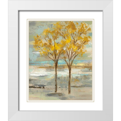 Golden Tree and Fog II White Modern Wood Framed Art Print with Double Matting by Vassileva, Silvia