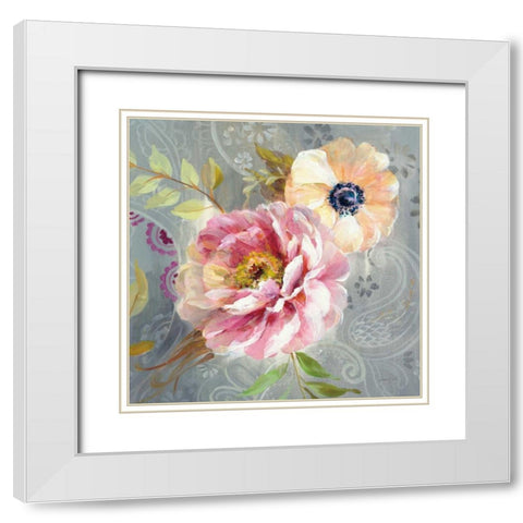 Peonies and Paisley III White Modern Wood Framed Art Print with Double Matting by Nai, Danhui