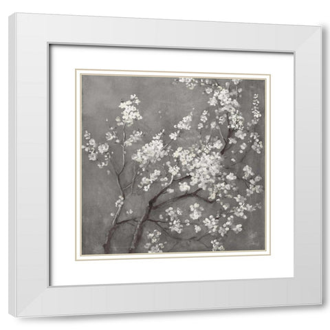 White Cherry Blossoms I on Grey Crop White Modern Wood Framed Art Print with Double Matting by Nai, Danhui