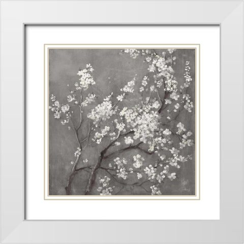 White Cherry Blossoms I on Grey Crop White Modern Wood Framed Art Print with Double Matting by Nai, Danhui