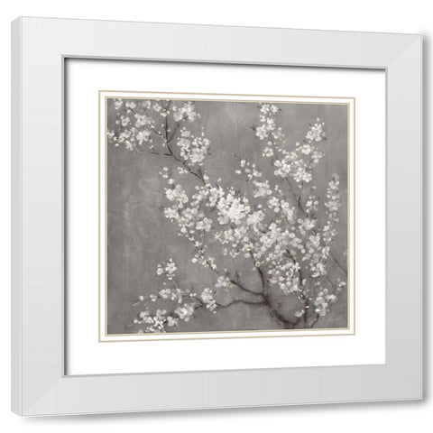 White Cherry Blossoms II on Grey Crop White Modern Wood Framed Art Print with Double Matting by Nai, Danhui