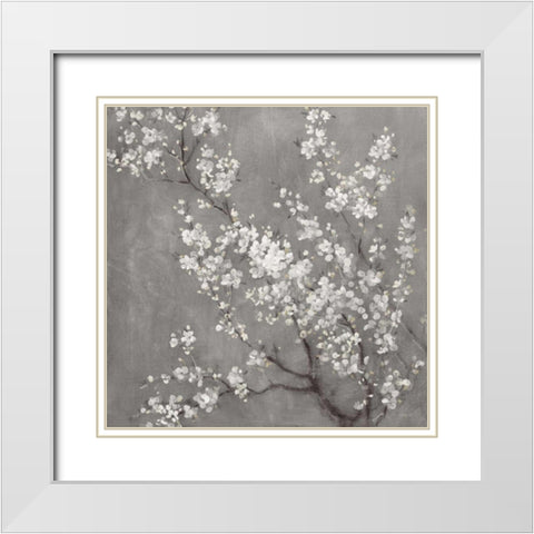 White Cherry Blossoms II on Grey Crop White Modern Wood Framed Art Print with Double Matting by Nai, Danhui