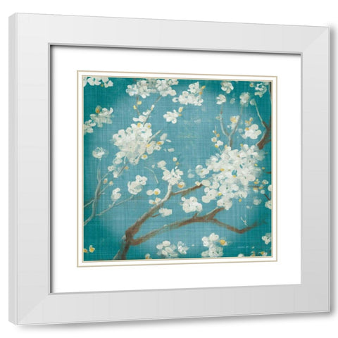 White Cherry Blossoms I on Teal Aged no Bird White Modern Wood Framed Art Print with Double Matting by Nai, Danhui