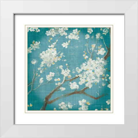 White Cherry Blossoms I on Teal Aged no Bird White Modern Wood Framed Art Print with Double Matting by Nai, Danhui