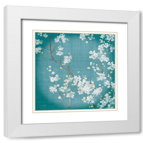 White Cherry Blossoms II on Teal Aged no Bird White Modern Wood Framed Art Print with Double Matting by Nai, Danhui