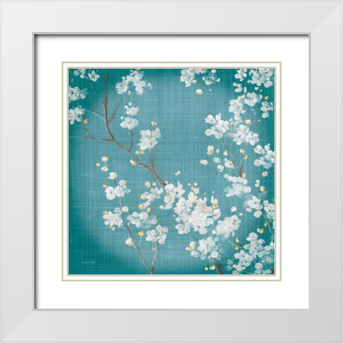 White Cherry Blossoms II on Teal Aged no Bird White Modern Wood Framed Art Print with Double Matting by Nai, Danhui