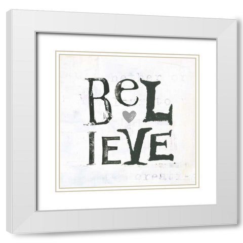 Believe Gray Hearts White Modern Wood Framed Art Print with Double Matting by Day, Kellie