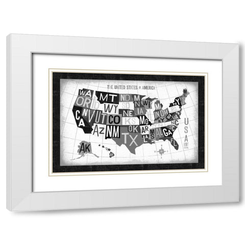 Letterpress USA Map Dark White Modern Wood Framed Art Print with Double Matting by Mullan, Michael
