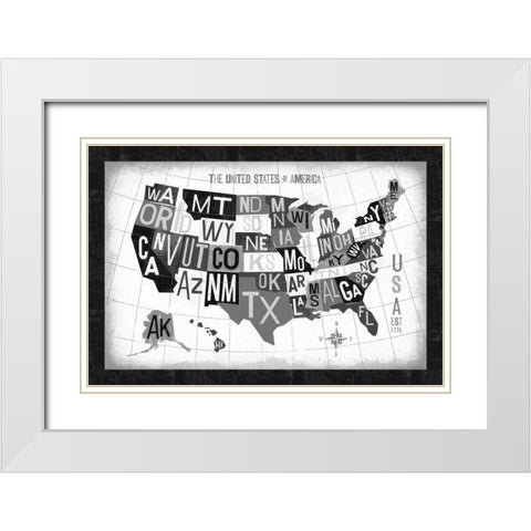 Letterpress USA Map Dark White Modern Wood Framed Art Print with Double Matting by Mullan, Michael
