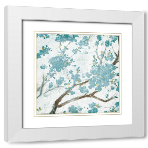 Teal Cherry Blossoms I on Cream Aged no Bird White Modern Wood Framed Art Print with Double Matting by Nai, Danhui