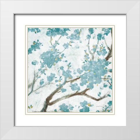 Teal Cherry Blossoms I on Cream Aged no Bird White Modern Wood Framed Art Print with Double Matting by Nai, Danhui