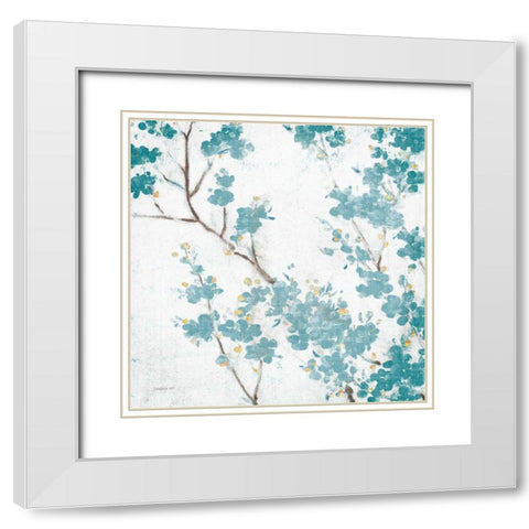 Teal Cherry Blossoms II on Cream Aged no Bird White Modern Wood Framed Art Print with Double Matting by Nai, Danhui