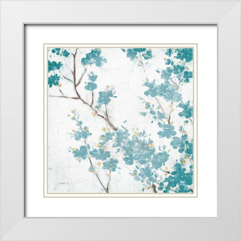 Teal Cherry Blossoms II on Cream Aged no Bird White Modern Wood Framed Art Print with Double Matting by Nai, Danhui