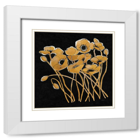 Gold Black Line Poppies I v2 White Modern Wood Framed Art Print with Double Matting by Novak, Shirley