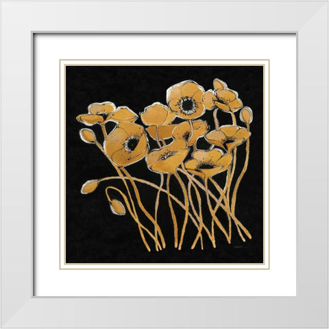 Gold Black Line Poppies I v2 White Modern Wood Framed Art Print with Double Matting by Novak, Shirley