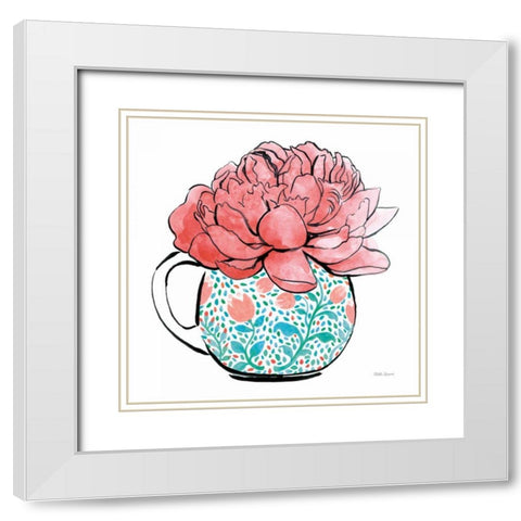 Floral Teacups I White Modern Wood Framed Art Print with Double Matting by Grove, Beth