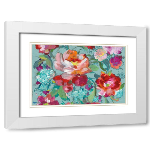 Bright Floral Medley Crop Turquoise White Modern Wood Framed Art Print with Double Matting by Nai, Danhui
