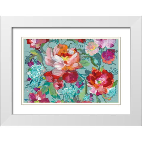 Bright Floral Medley Crop Turquoise White Modern Wood Framed Art Print with Double Matting by Nai, Danhui