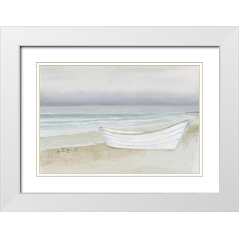 Serene Seaside with Boat White Modern Wood Framed Art Print with Double Matting by Wiens, James