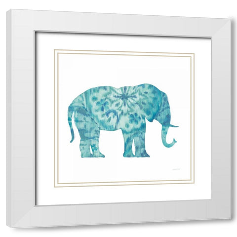 Boho Teal Elephant I White Modern Wood Framed Art Print with Double Matting by Nai, Danhui